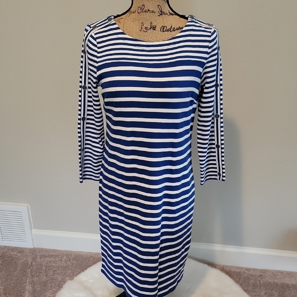 Talbots White and Blue Sheath Dress with 3/4 Sleeves and Crew Neck